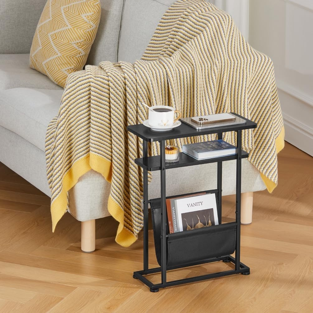 Slim Industrial Side Table with Magazine Holder & Adjustable Feet for Small