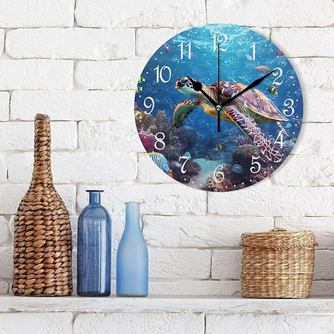 Sea Turtle Ocean Wall Clock 25cm Silent Non-Ticking Underwater Art Decor