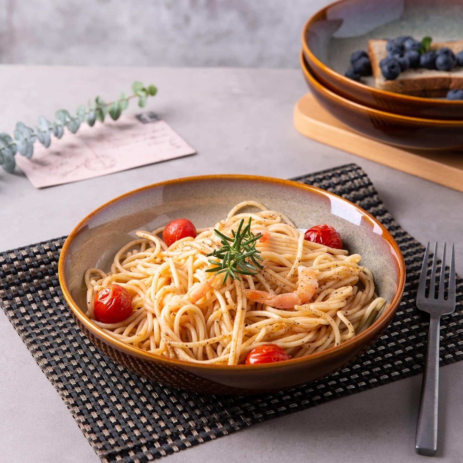 Large Pasta Bowls Set of 6 22cm Deep Stoneware Soup Noodle Bowls Cappuccino