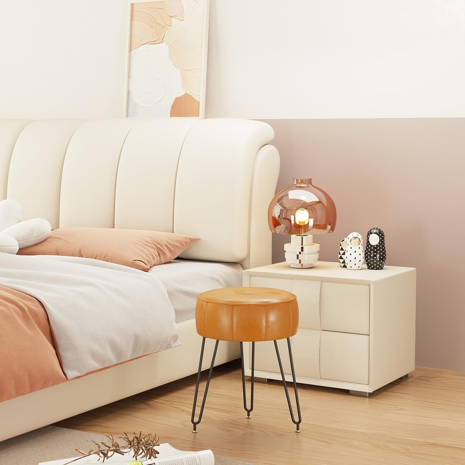Orange Faux Leather Pumpkin Vanity Stool Round Modern Footrest Seat