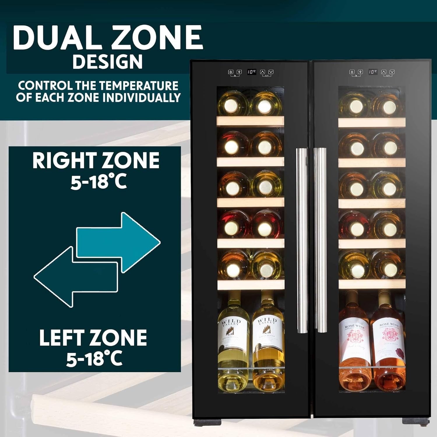 24 Bottle Dual Zone Wine Cooler Fridge Touch Screen LED Mirror Glass Doors