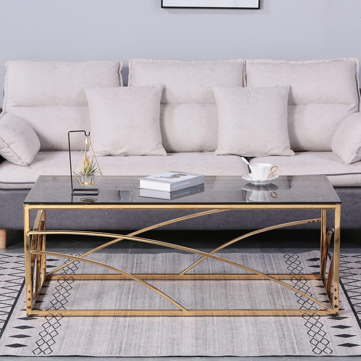Gold Glass Coffee Table 120cm | Modern Stainless Steel Frame | Dark Grey Top