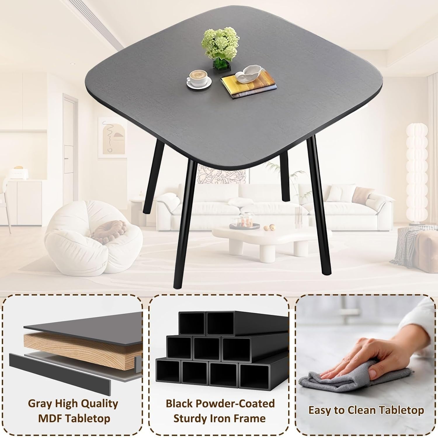 Modern Round Dining Table Set Grey Chairs, Space Saving Faux Leather Seating