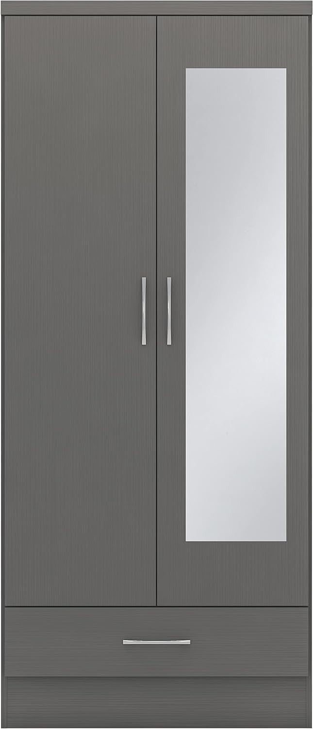 Grey 2 Door Mirror Wardrobe with Drawer – Modern Bedroom Storage Unit