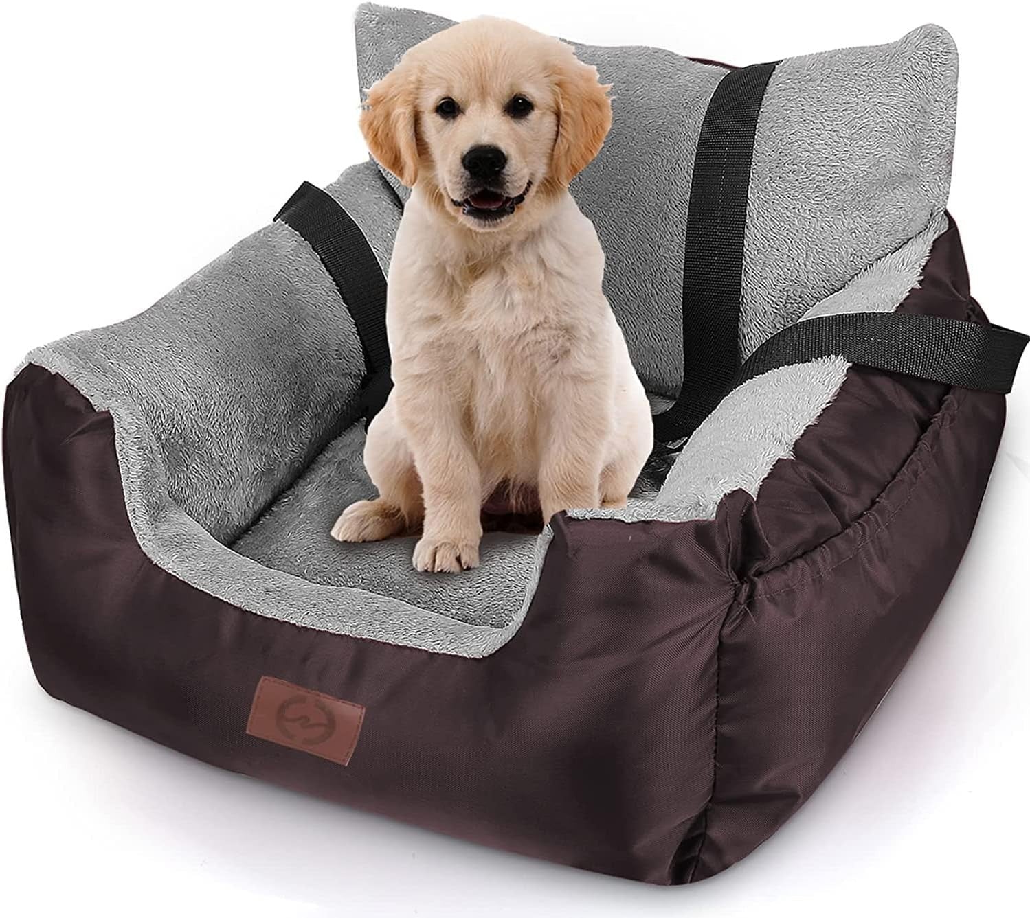 Waterproof Dog Car Booster Seat Plush Travel Bed Safety Leash Brown