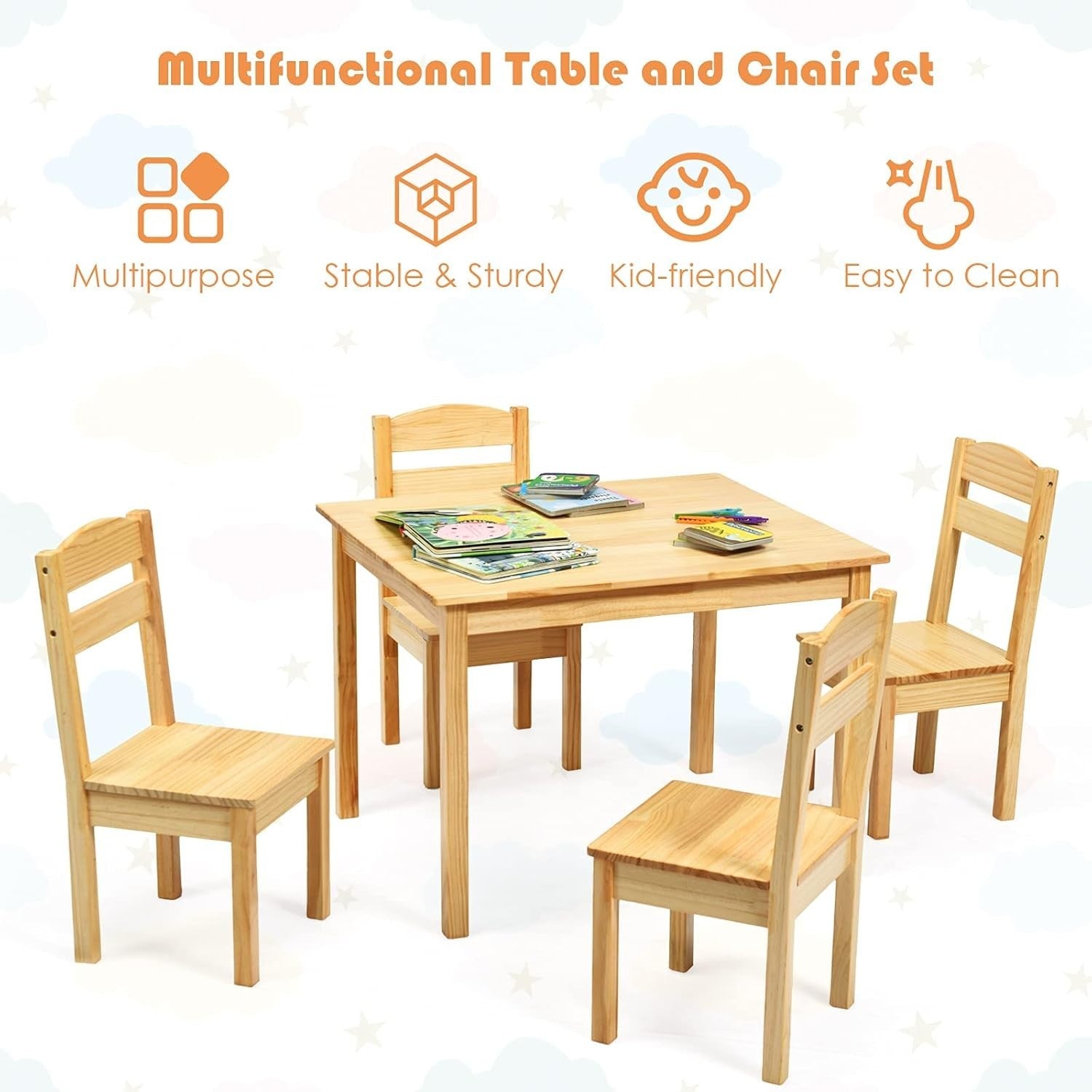 Kids Wooden Table & 4 Chairs Set – Sturdy Pine, Easy Clean, Perfect for Play & S