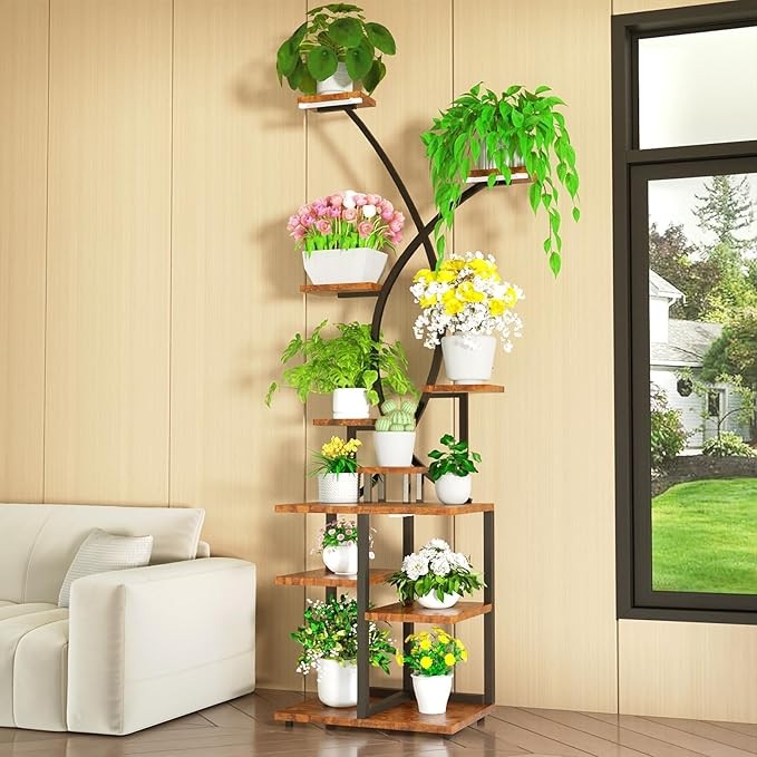 71" Tall 10-Tier Metal Plant Stand with Grow Lights, Indoor Corner Shelf