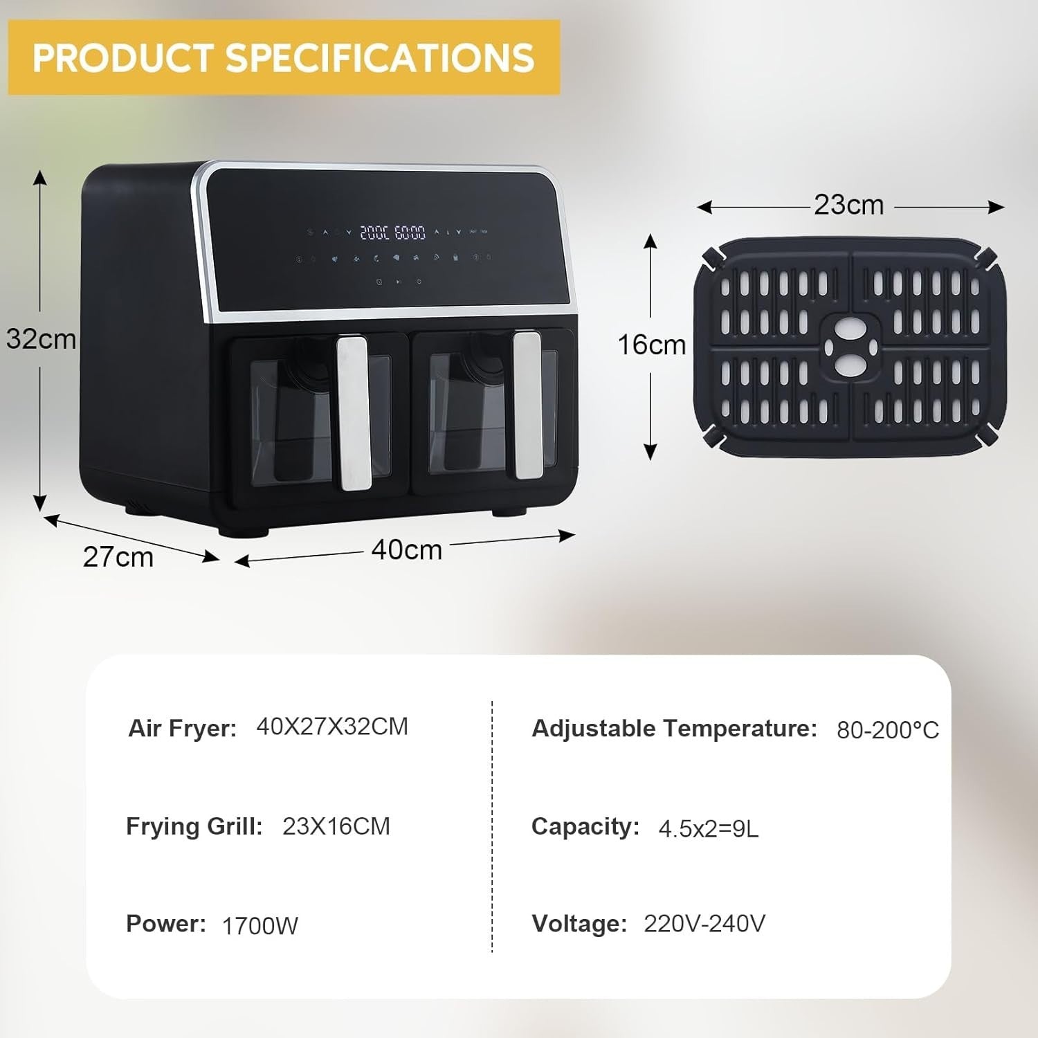 Dual Air Fryer 9L Double Basket 1700W Digital Two Zone Window