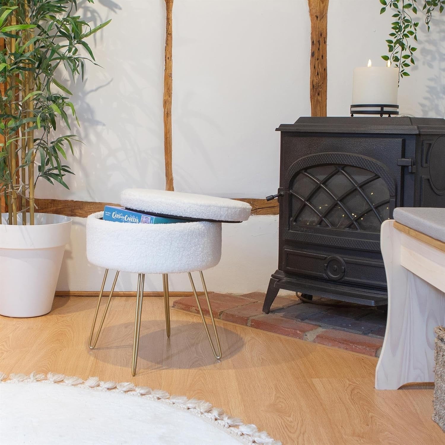Cream Bouclé Round Footstool with Storage & Gold Legs – Modern Vanity Stool