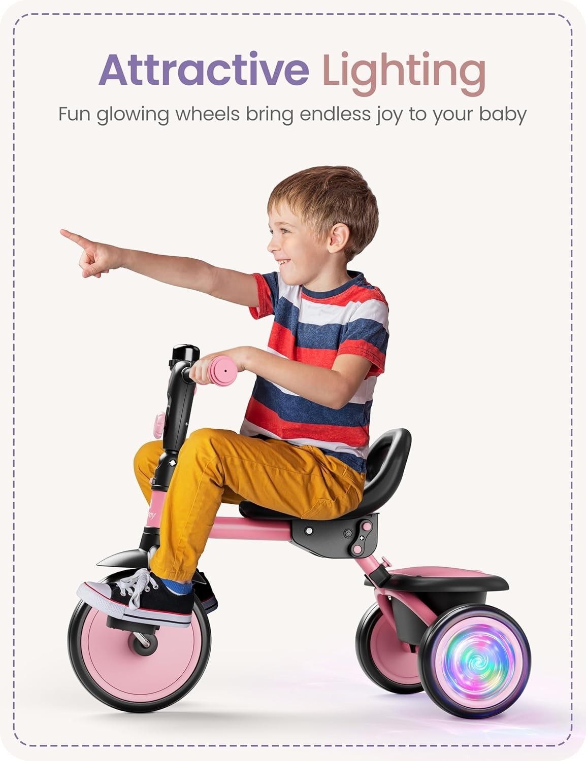 Kids Tricycle Flash LED Wheels Foldable Toddler Bike Pink Age 18M-5Y