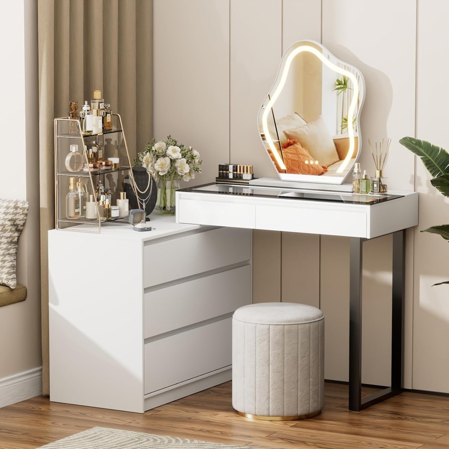 Modern Corner Vanity Dressing Table Desk Makeup Dresser LED Mirror 5 Drawers Whi