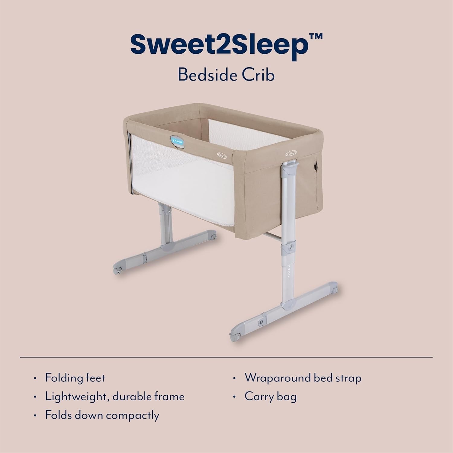 Bedside Baby Co-Sleeper Cot Adjustable Height Crib with Mattress Beige
