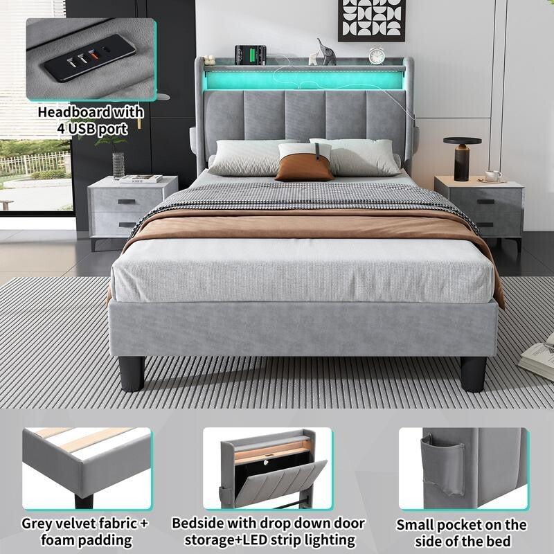 Single Bed 3FT Grey Velvet USB Charging LED Light Storage Bed for Teen Kids