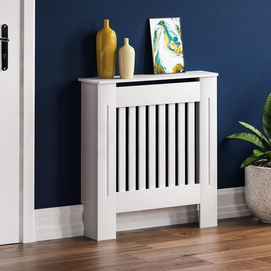 Small White Radiator Cover Cabinet with Modern Slats & Shelf