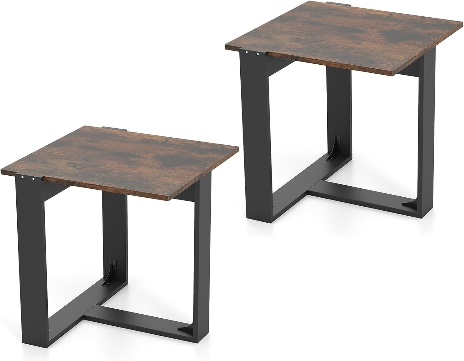 Set of 2 Industrial Side Tables | 50cm Rustic Brown Square Sofa End Tables Metal