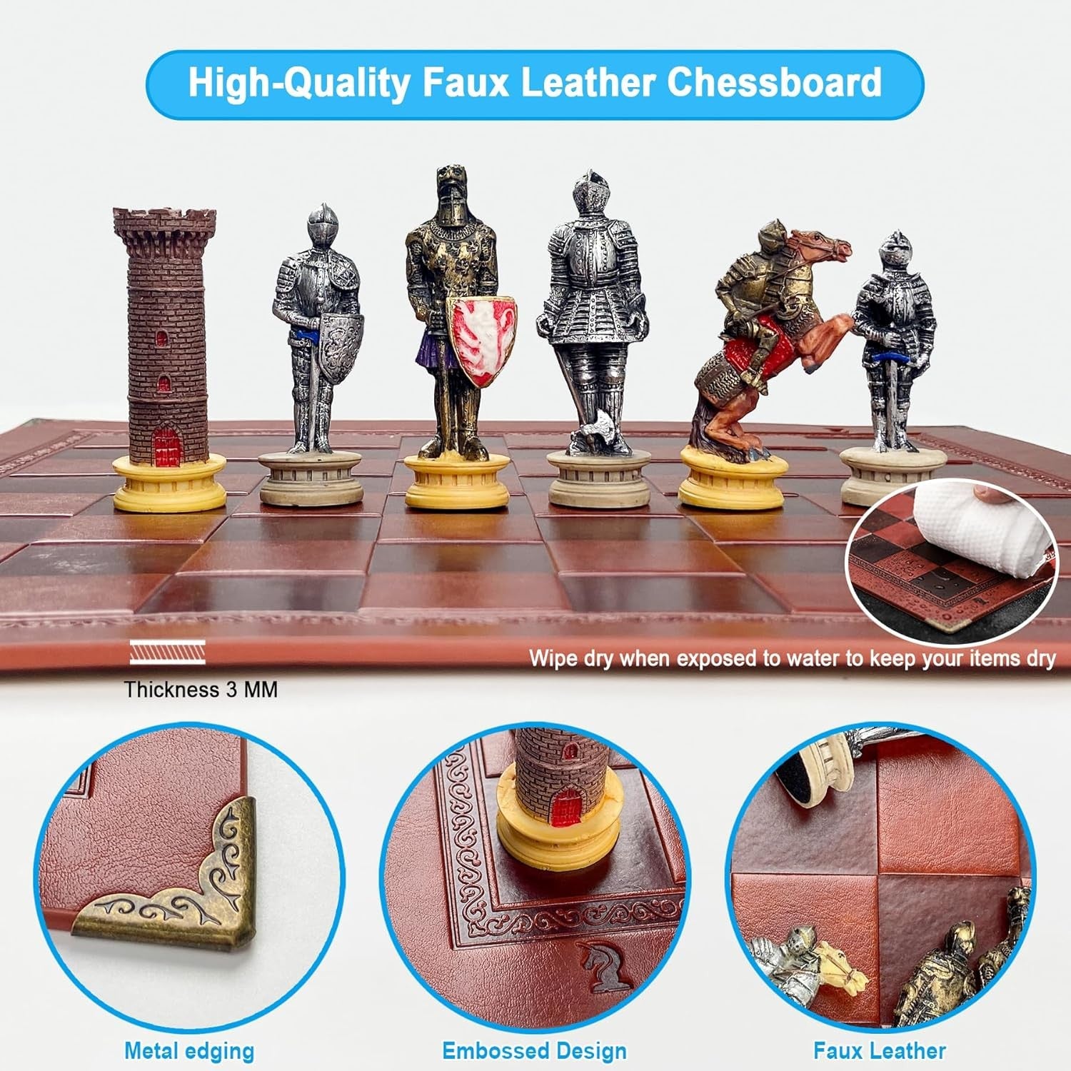 Handmade Medieval Knights Chess Set Resin Pieces on Luxury Board