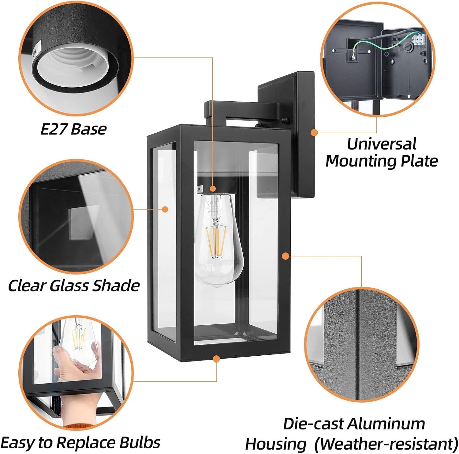 2 Pack Outdoor Wall Lantern Black Aluminum Porch Lights with Glass Shade