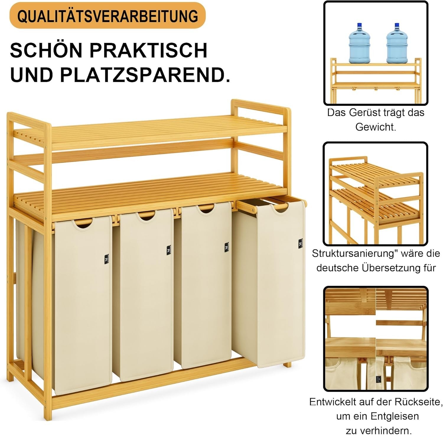 200L 4-Section Laundry Sorter Bamboo Frame Beige With Shelf Removable Bags