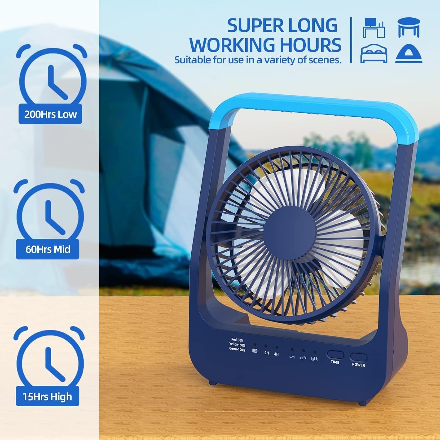 20000mAh Portable Desk Fan – Quiet 3-Speed Rechargeable USB Air Circulator Blue