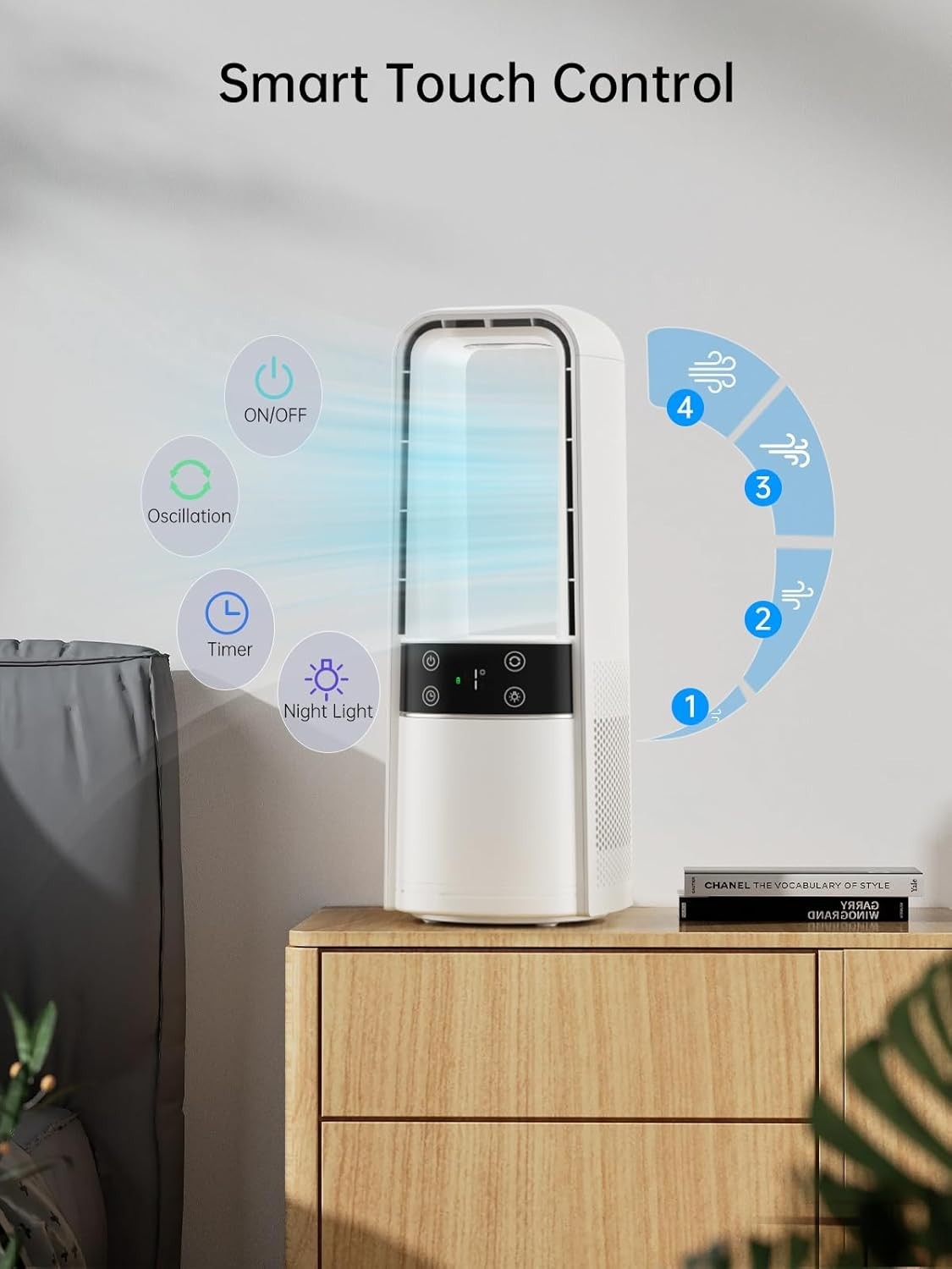 Bladeless Desk Fan – 120° Quiet 4-Speed Rechargeable w/ LED Touch Night Light