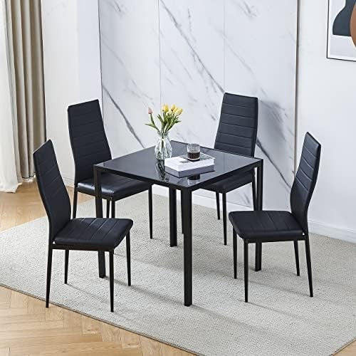 Square Glass Dining Table Set 4 Chairs Modern Space Saving Black Leather