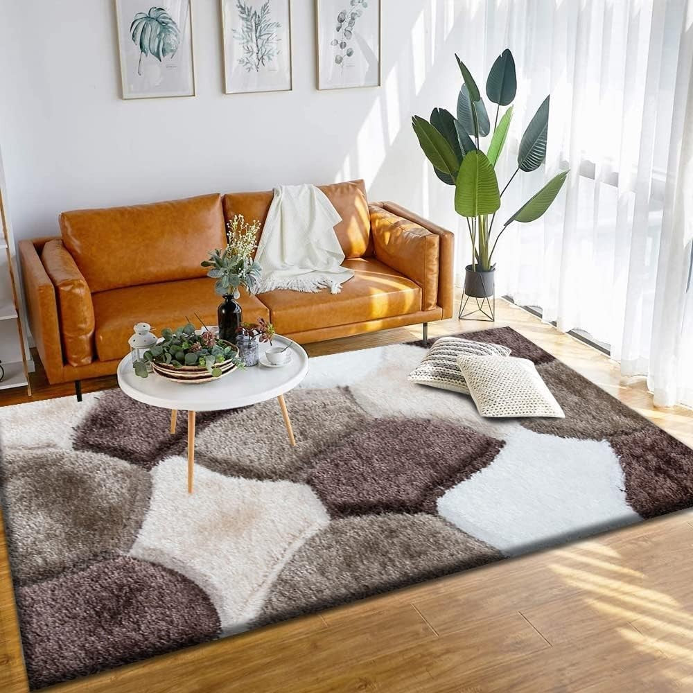 Large Brown Beige Shaggy Area Rug 160x230cm Soft Non Shed Living Room Carpet