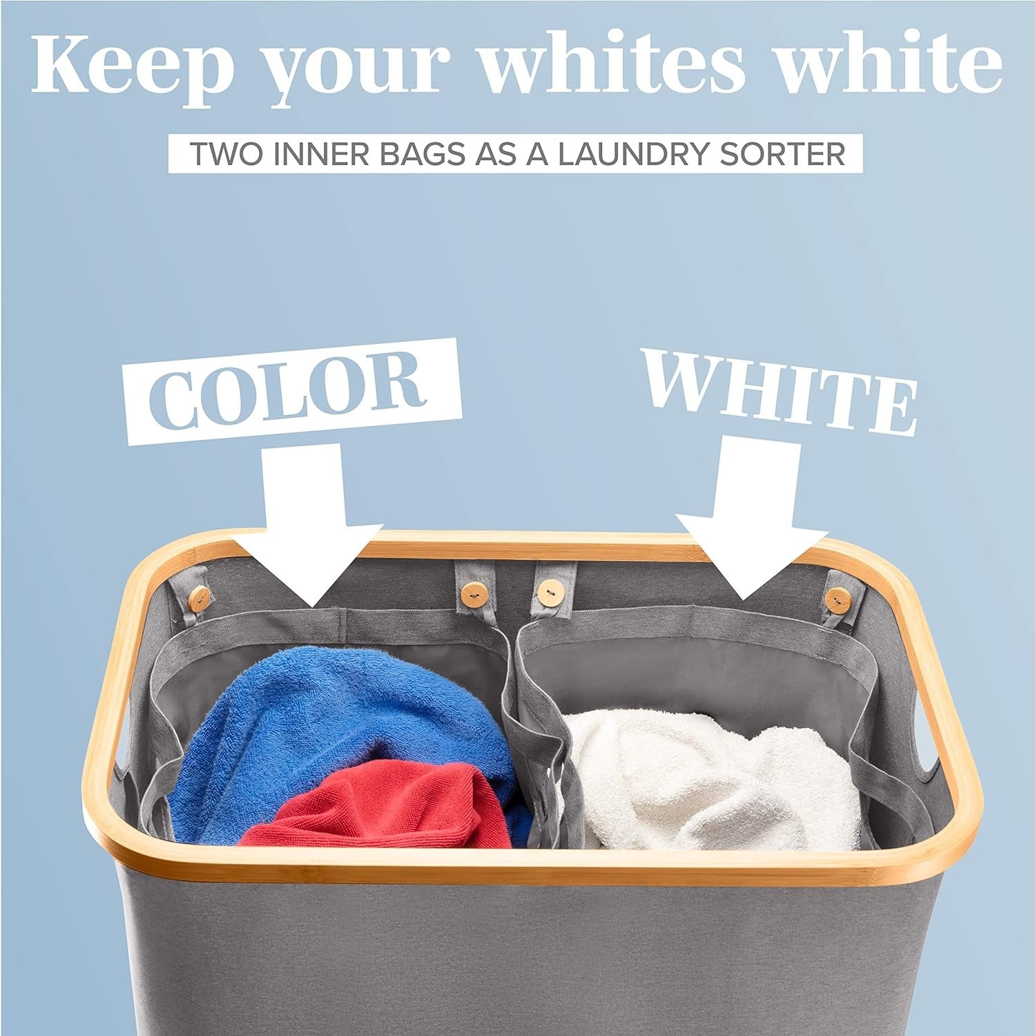 150L Double Laundry Basket with Lid & Bamboo Frame, Grey Hamper 57×37×71cm