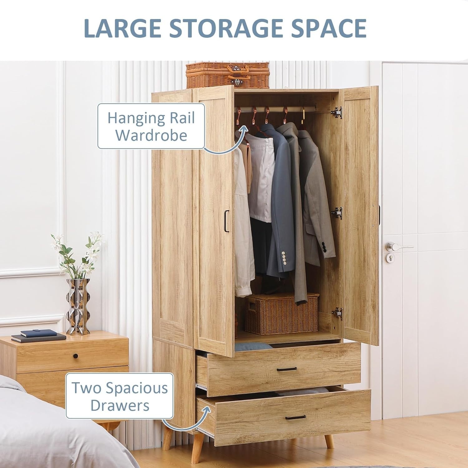 Double Wardrobe with Drawers & Rail Bedroom Storage Cabinet Oak