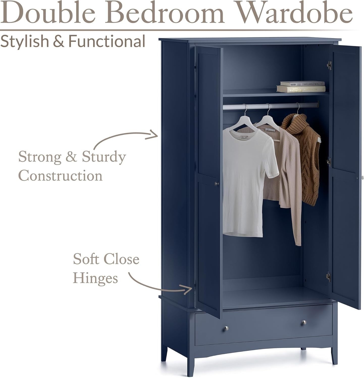 Navy Blue Double Wardrobe with Drawer | Soft Close Doors | Clothes Rail