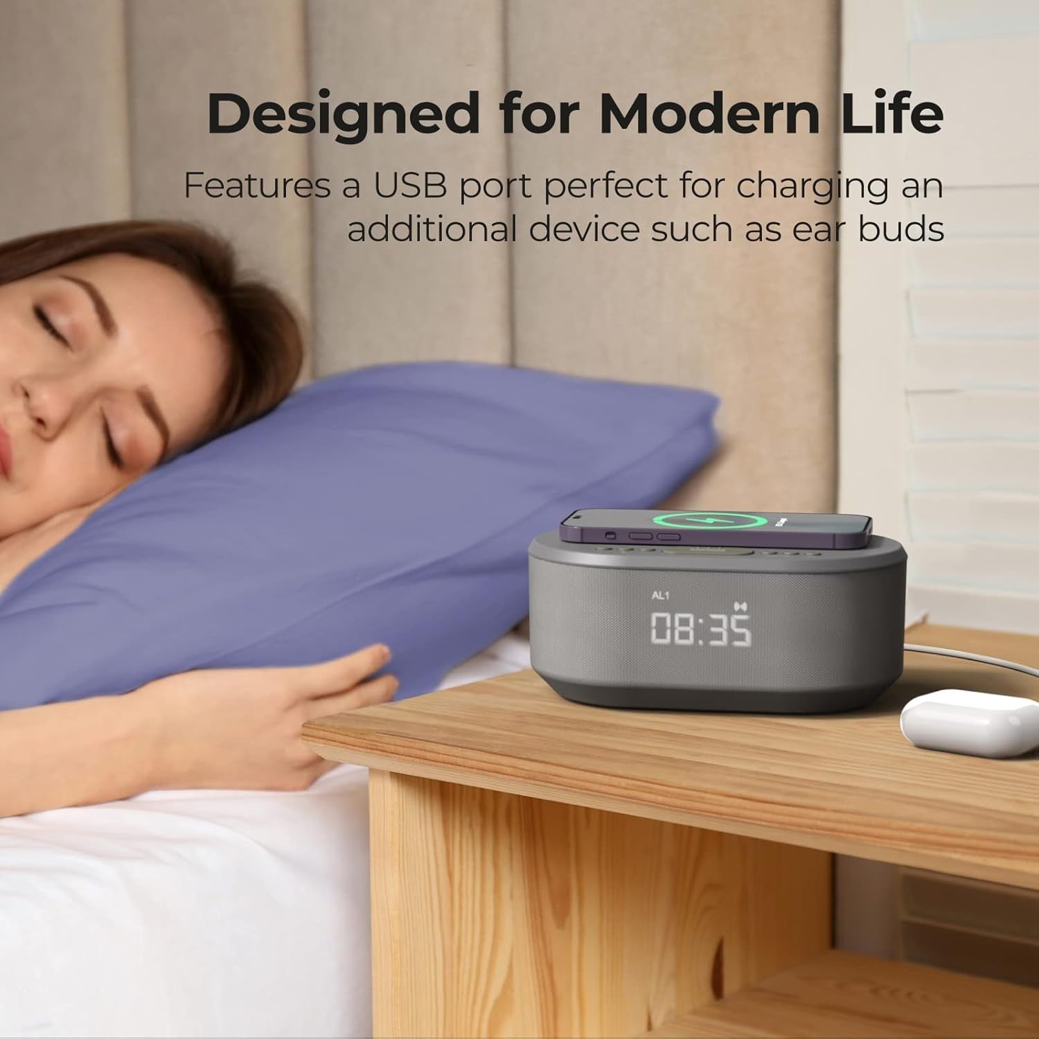 Bedside Alarm Clock Wireless Charger Bluetooth Speaker FM Radio Dimmable