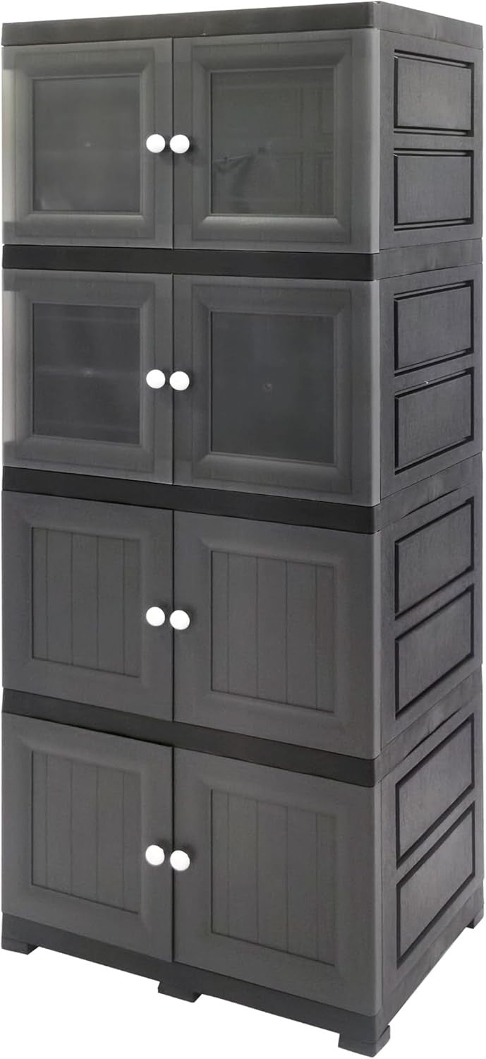 4 Tier Plastic Storage Cabinet | Grey Cupboard with Tinted Doors for Home Office