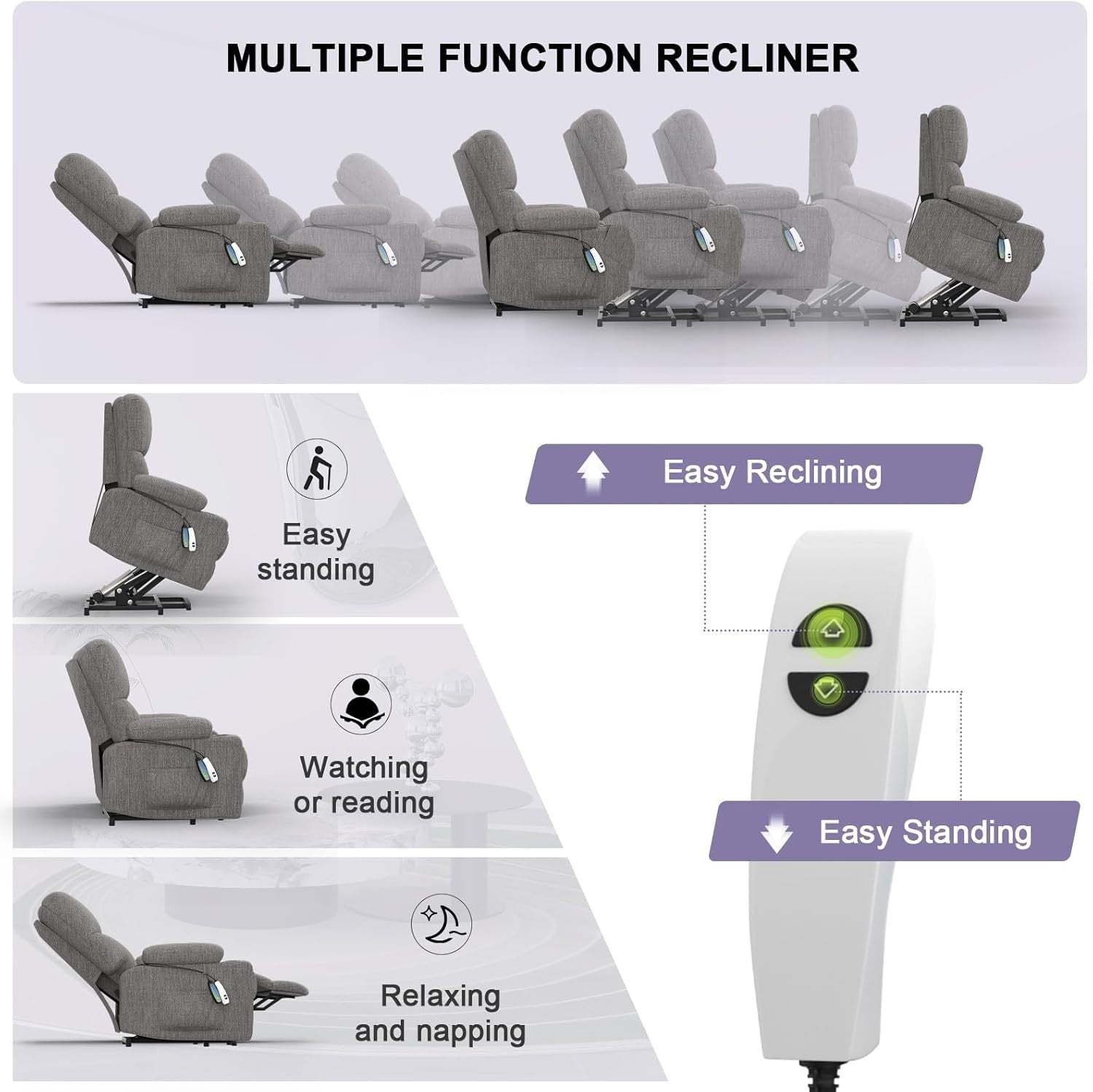 Electric Recliner Chair Massage Heat Oversized Lift USB Type-C Grey Armchair