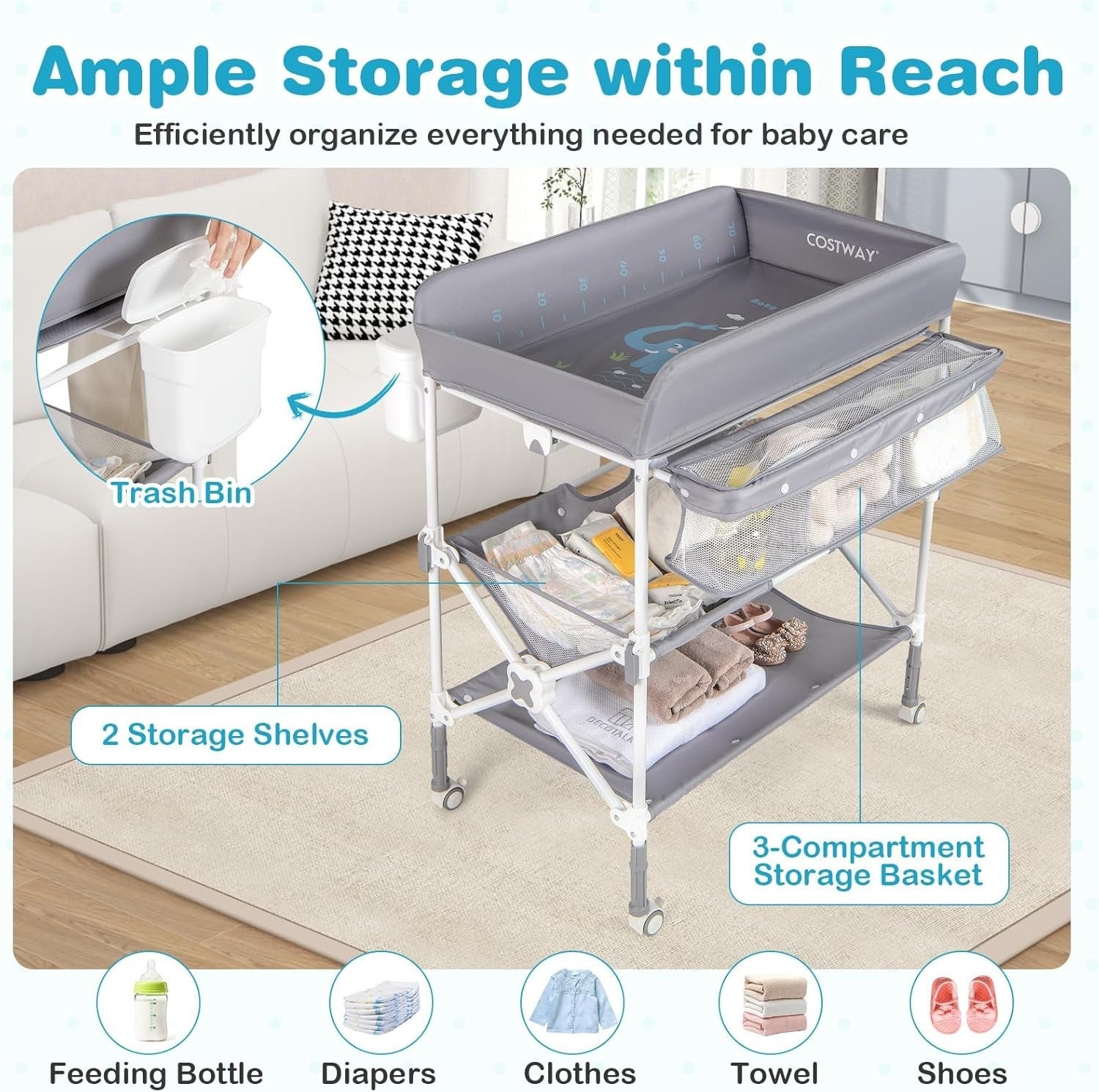 Baby Changing Table Folding Nursery Station with Wheels & Storage Grey