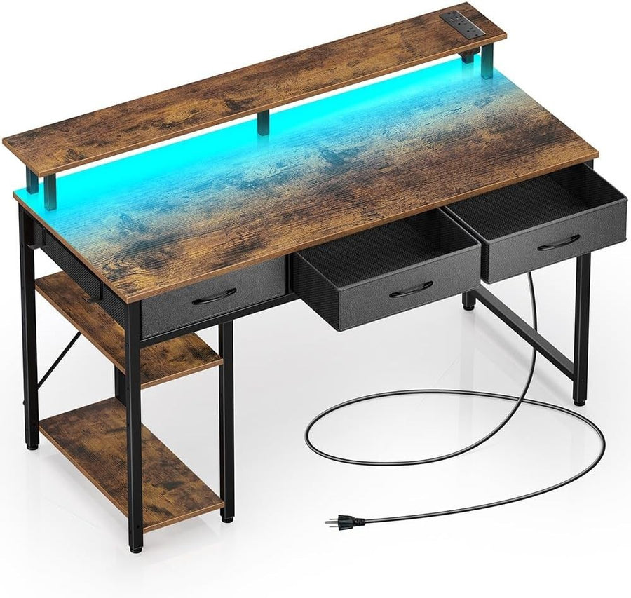 Rustic Brown 120cm Computer Desk w/Drawers, LED Lights & Power Outlets