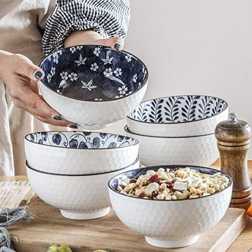Japanese Ceramic Cereal Bowls Set of 6 – Microwave & Dishwasher Safe, 24oz