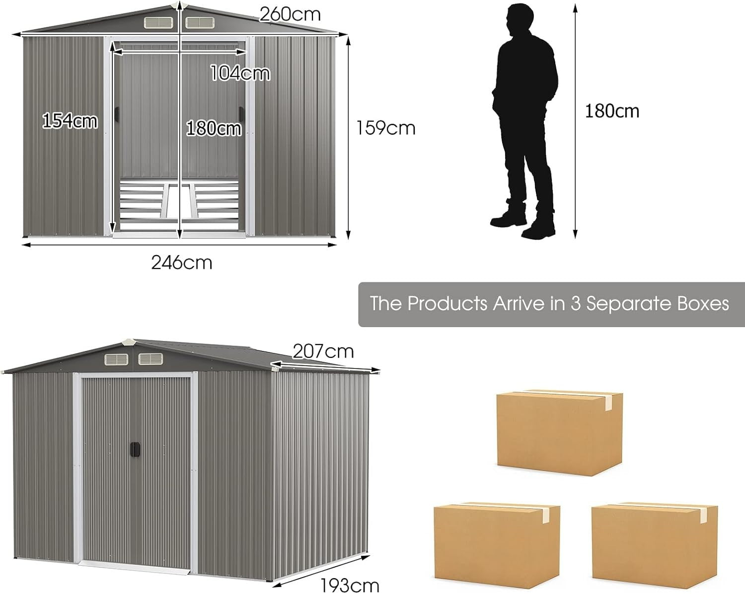 8.5x7FT Metal Garden Shed with Double Sliding Doors & Floor Foundation