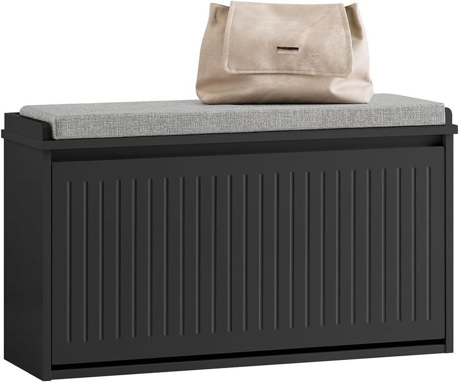 Black Shoe Storage Bench with Cushion – 2-Tier Flip Drawer Seat 80cm