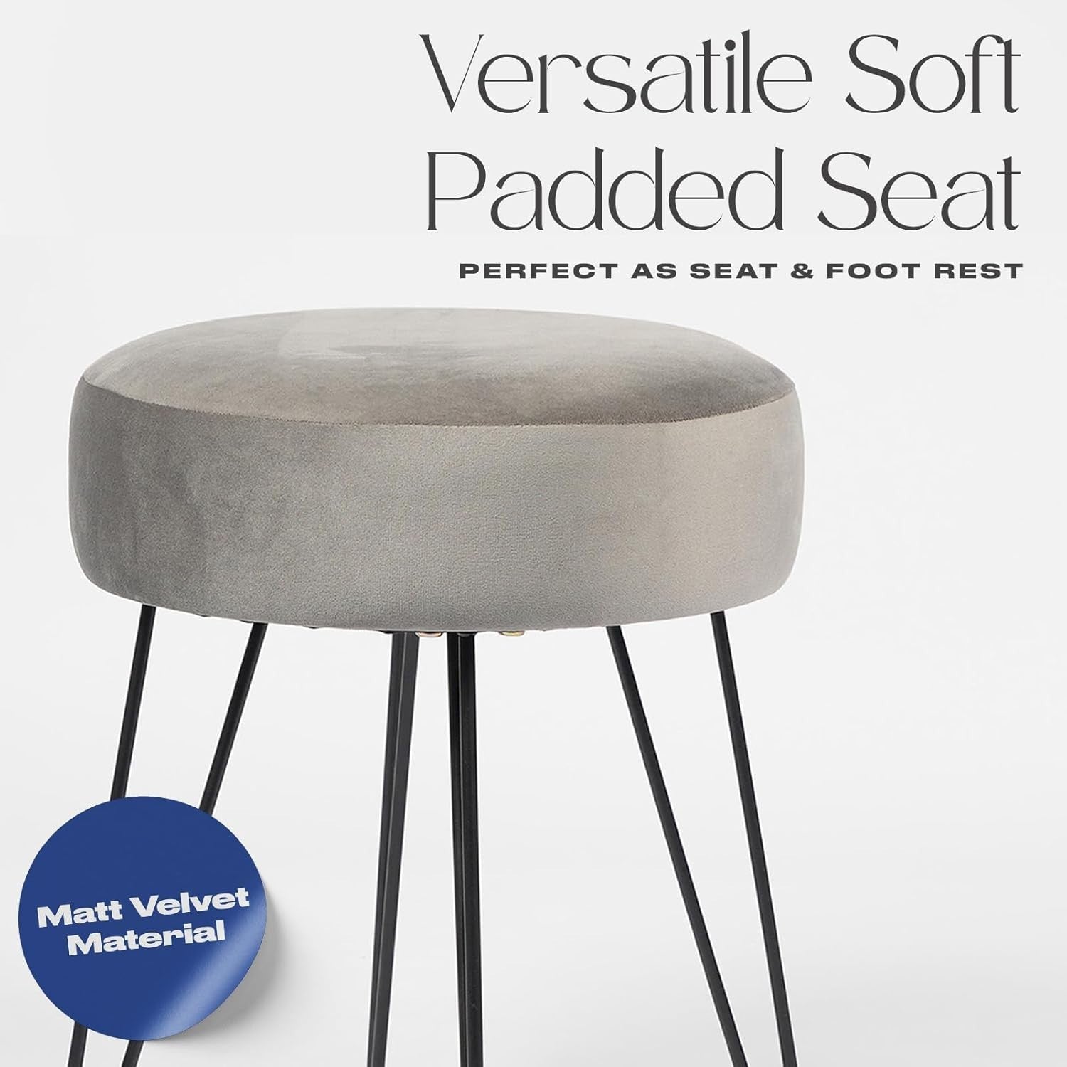 Charcoal Grey Velvet Round Stool Hairpin Leg Vanity Seat Footrest