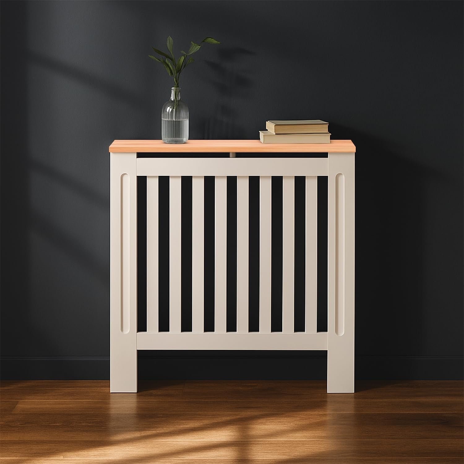 Small White Radiator Cover MDF Compact Classic Design with Oak Top Shelf