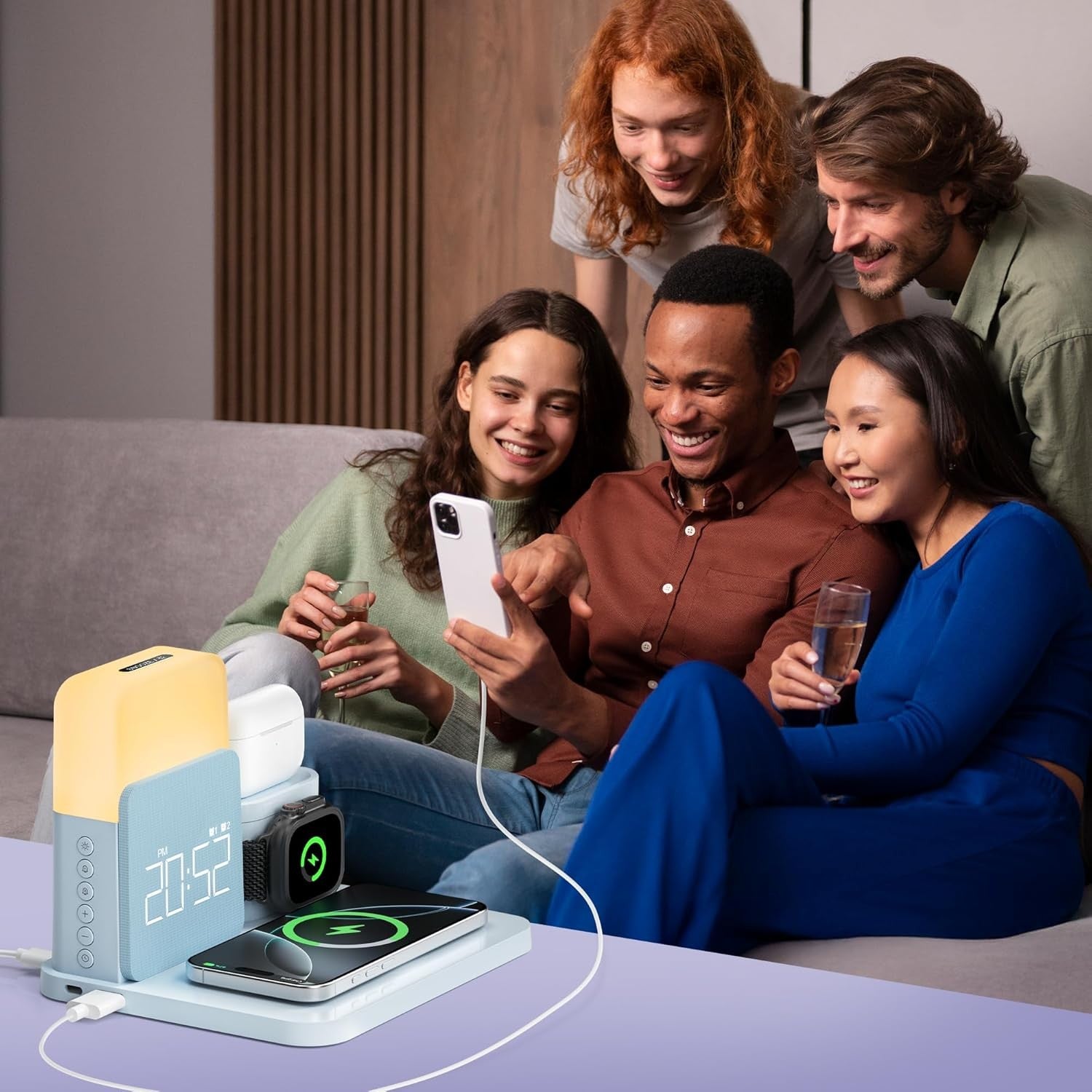 6 in 1 Wireless Charging Station Alarm Clock Night Light MagSafe Stand