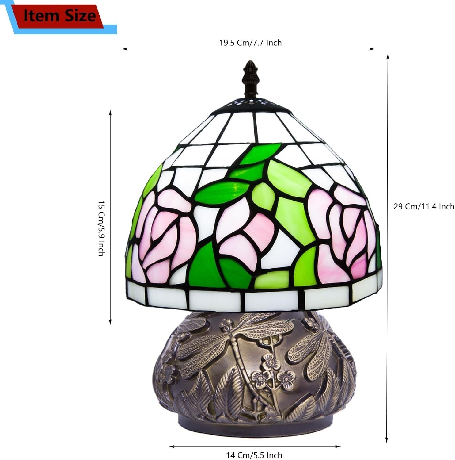 Stained Glass Desk Lamp 8x8x11in 3 Color Temps Pink Rose Resin Base