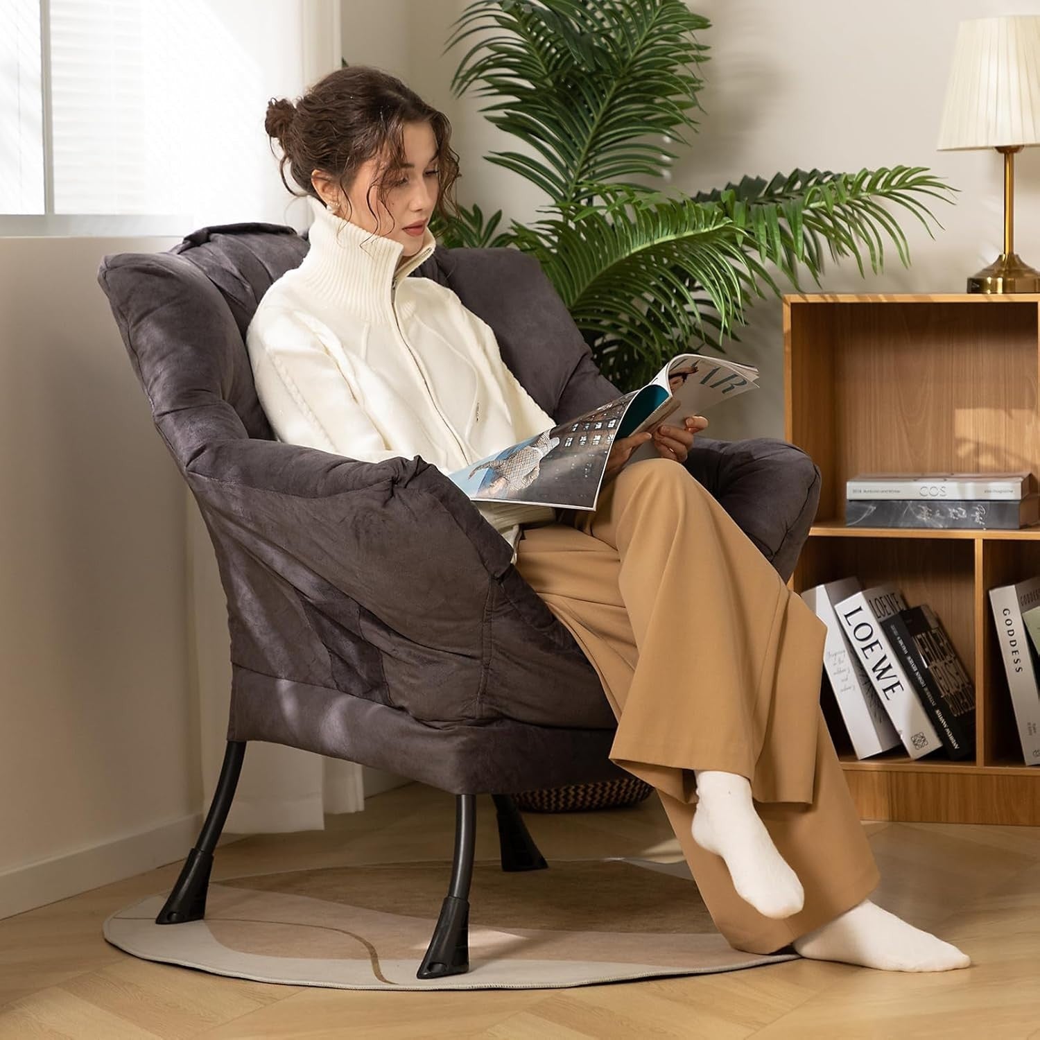 Grey Brown Velvet Armchair Lounge Chair Reading Chair Living Room Sofa Accent