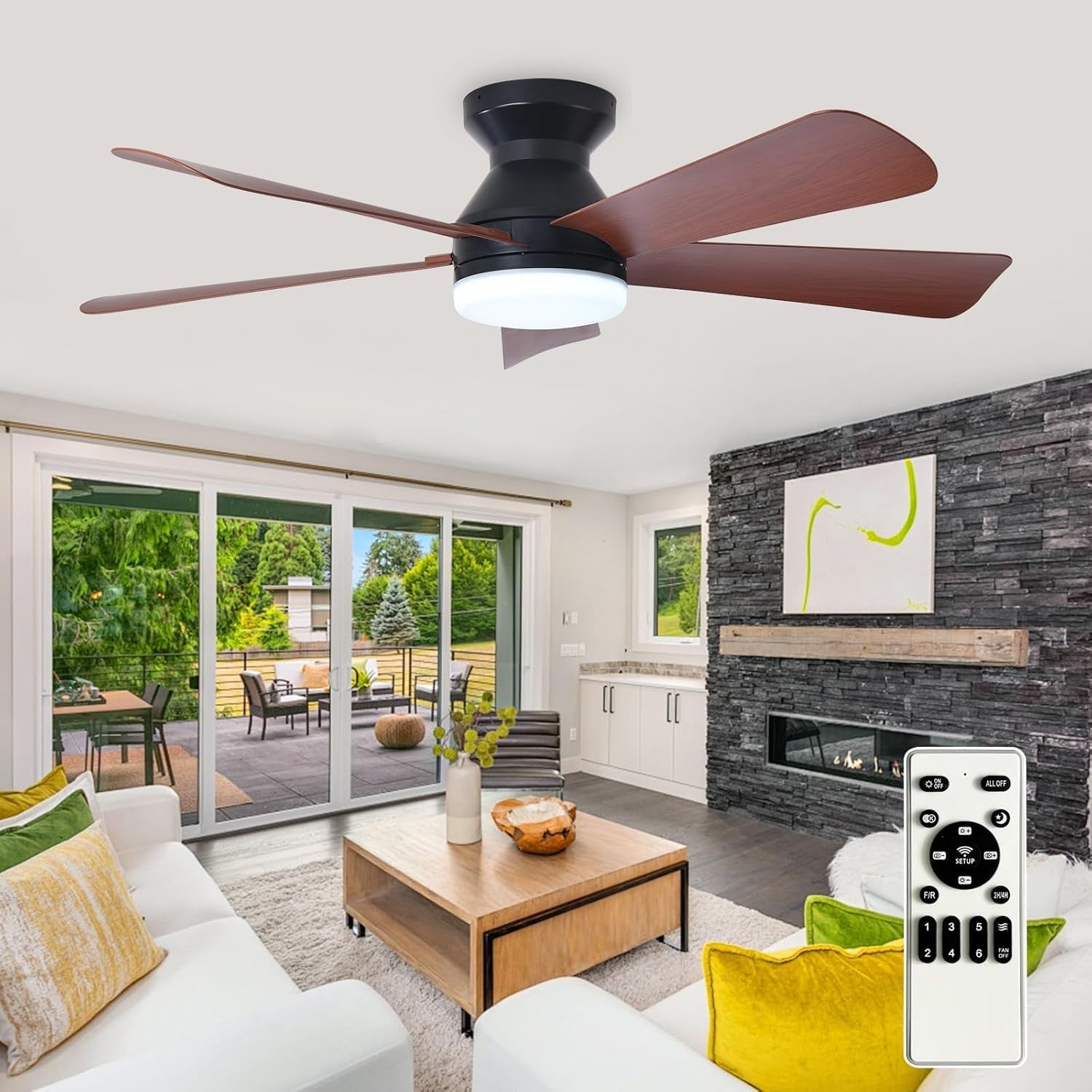 42" Ceiling Fan, 5 Walnut Blades, 6 Speeds, LED Light, Remote