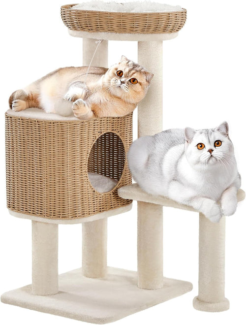 91cm Rattan Cat Tree Tower Wicker Bed Scratching Post Washable Cushion