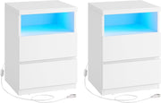 Set of 2 White LED Bedside Tables with Drawers, Modern Storage Nightstands