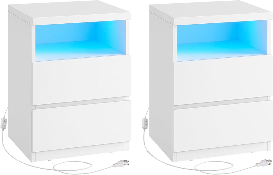 Set of 2 White LED Bedside Tables with Drawers, Modern Storage Nightstands