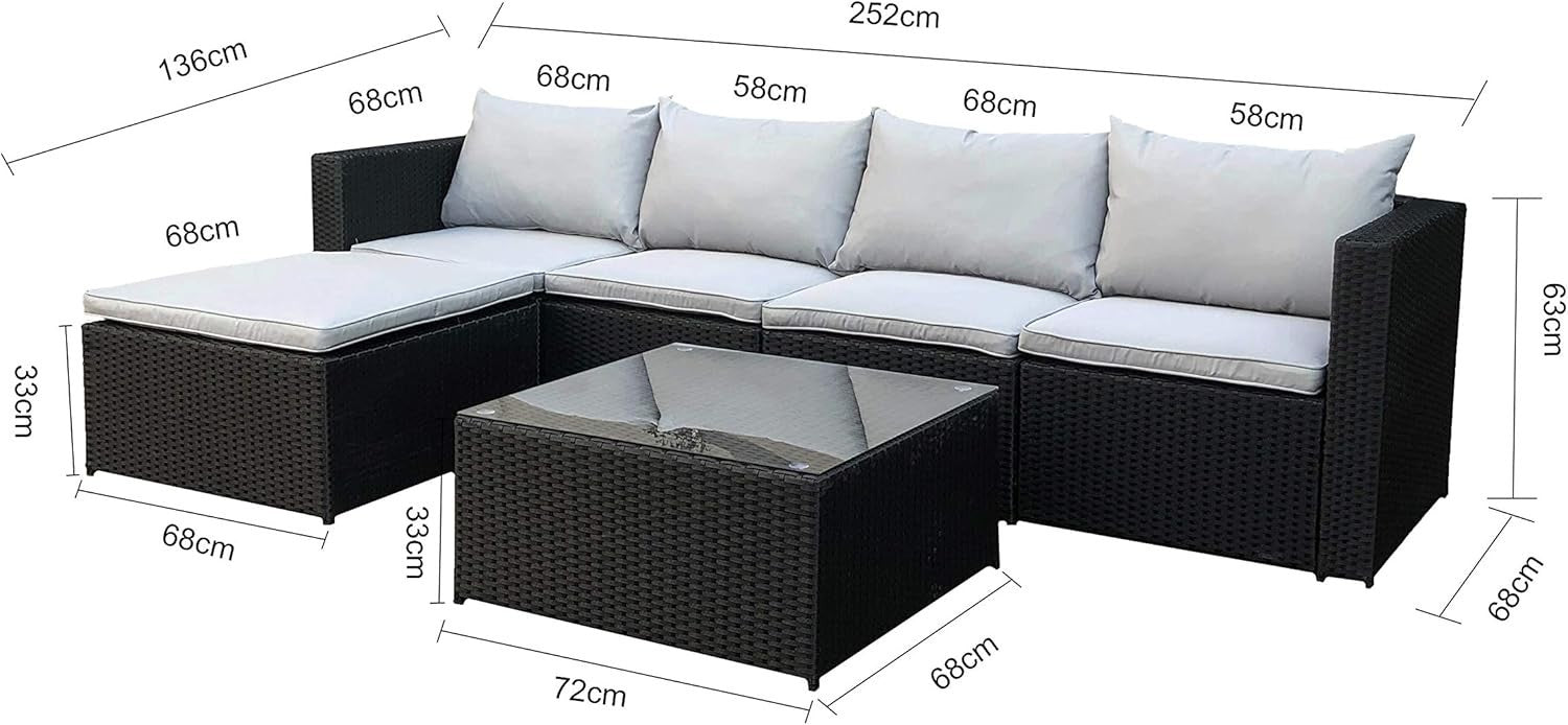 Black 6-Piece Outdoor Rattan Garden Sofa Set Modular Patio Couch with Cushions