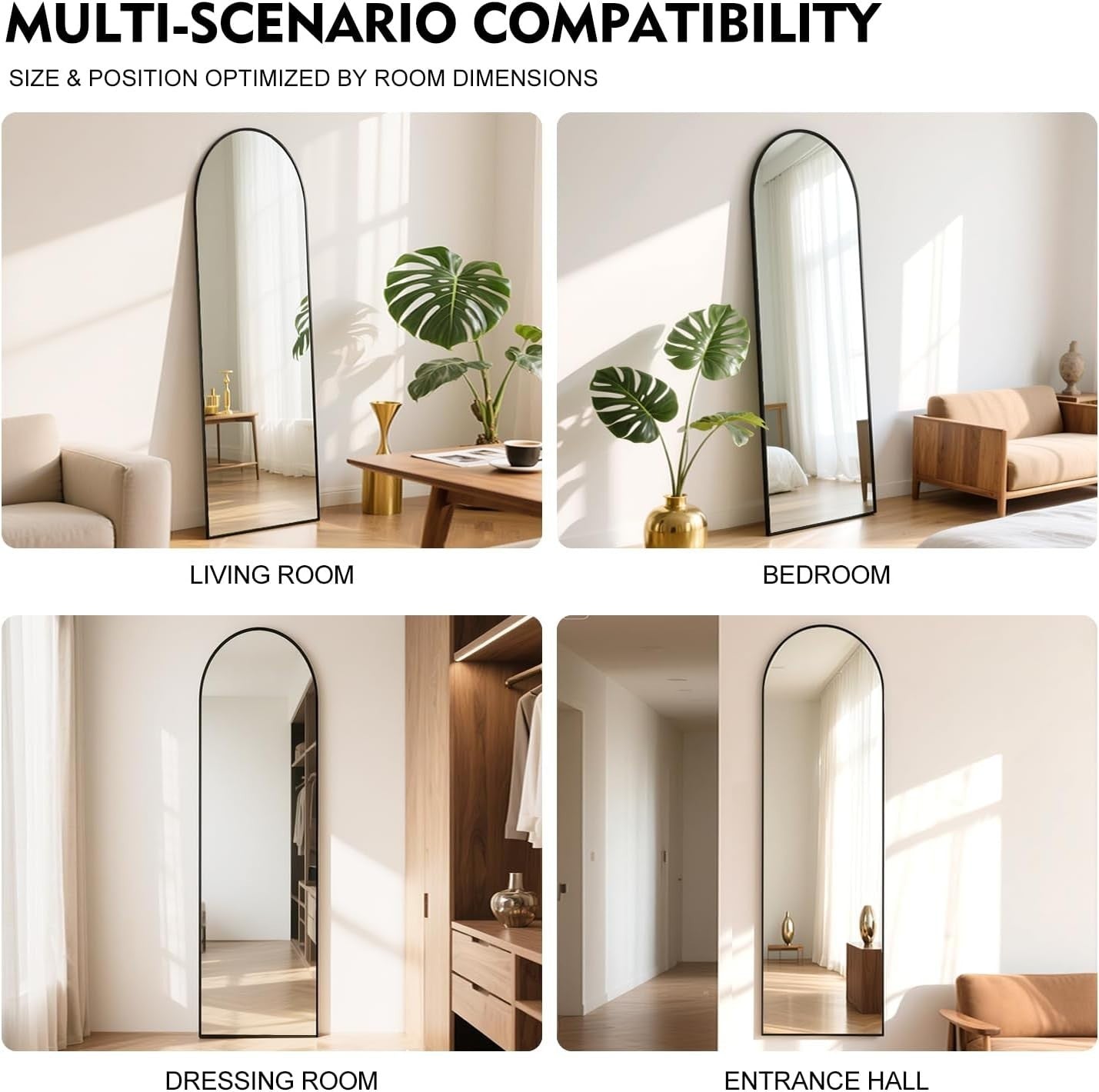 Full Length Arch Mirror 152x42cm Wall Mounted Black Frame Space Saving