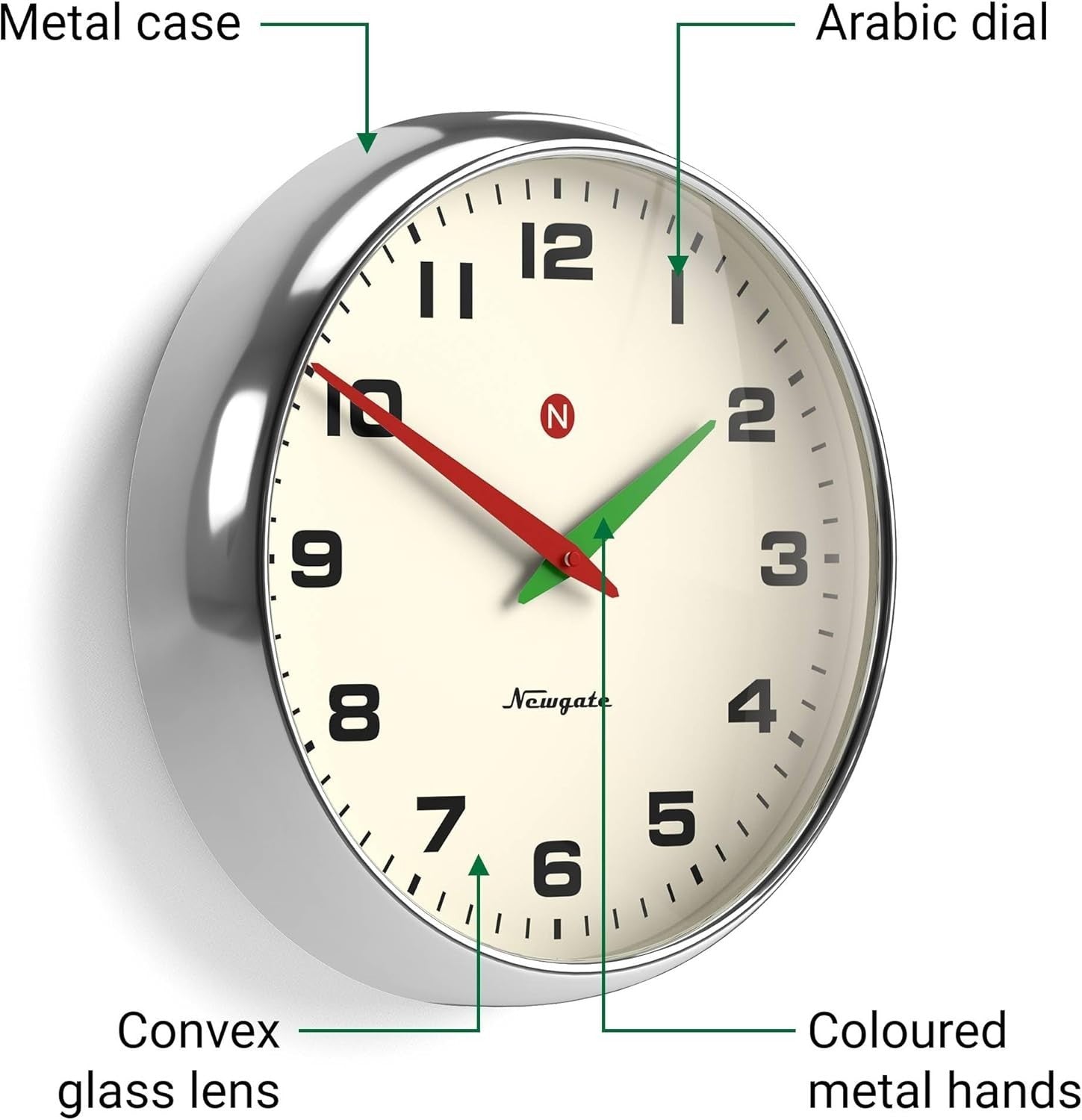 Large Retro Wall Clock Chrome 40cm Silent Sweep Convex Glass Metal