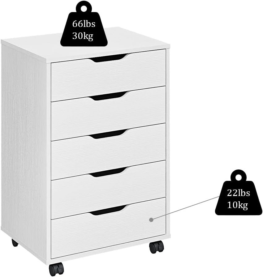 5 Drawer Mobile Filing Cabinet with Wheels Office Storage Chest White